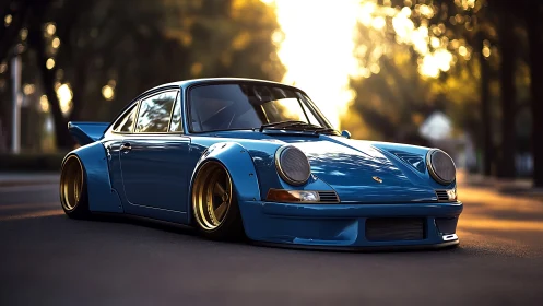 Blue widebody sports coupe sits low on sunlit street