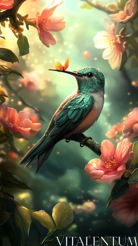 Hummingbird holds orange butterfly amid glowing spring blossoms