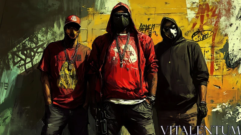 Hooded masked figures standing before graffiti wall at night.