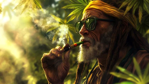 Sunlit reggae elder resting in a golden cloud of calm.