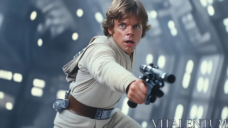 Sci fi character aiming blaster in spacecraft corridor.