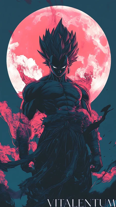 Dark anime warrior ascends in crimson moonlit power