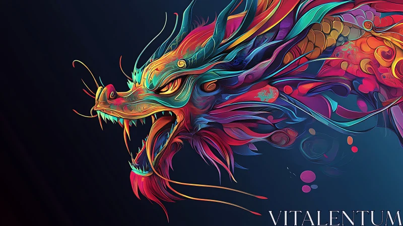 Neon tempest dragon head in flowing abstract ribbons.