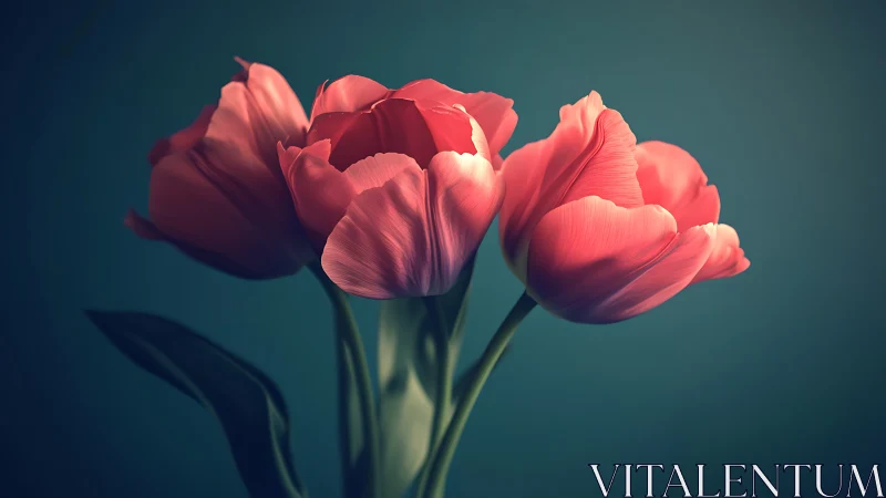 Coral tulips dance against moody teal backdrop