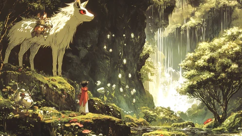 Forest scene with white creature, child figure and waterfall.