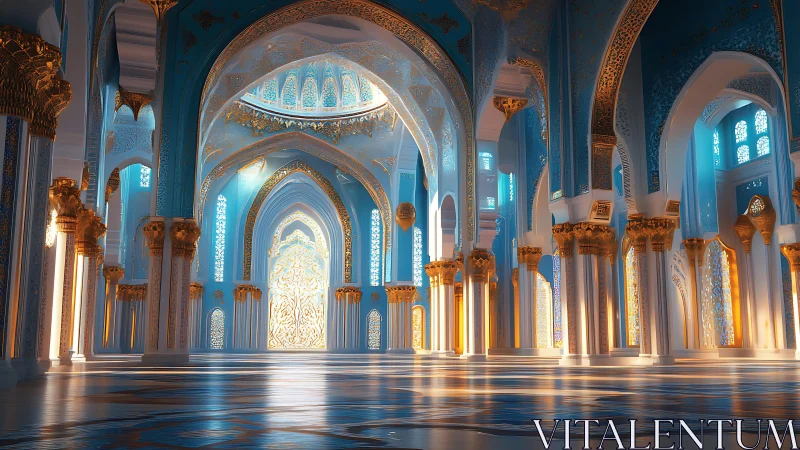 Parametric azure arcade with luminous arabesque vaulting.