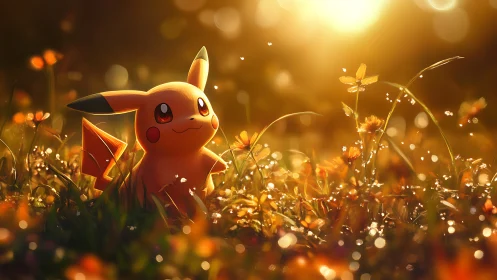 Pikachu rendered in sunlit meadow with shallow depth of field.