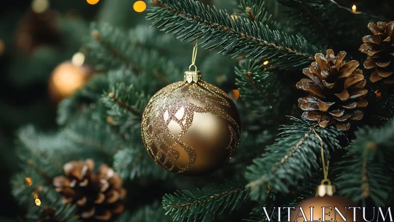 Golden Christmas bauble glowing softly on evergreen branches.