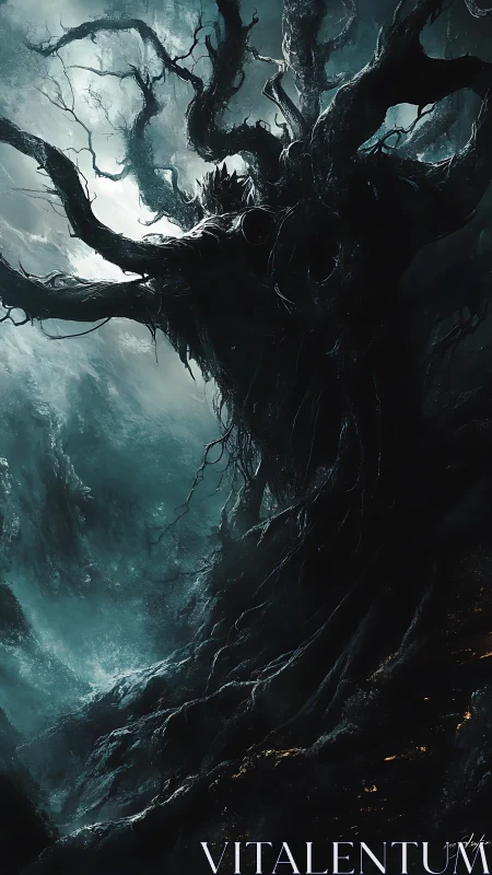 Twisted arboreal form dominates a misted, low key canyon