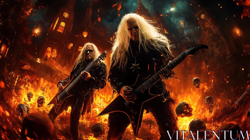 Metal guitarists in fiery gothic hellscape environment.