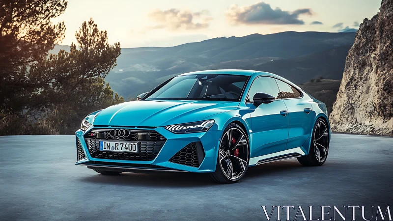 Blue Audi sports sedan stands parked on mountain overlook at dusk