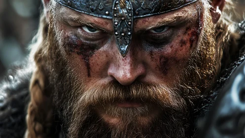 Iron-browed raider glaring through storm-battered war paint.