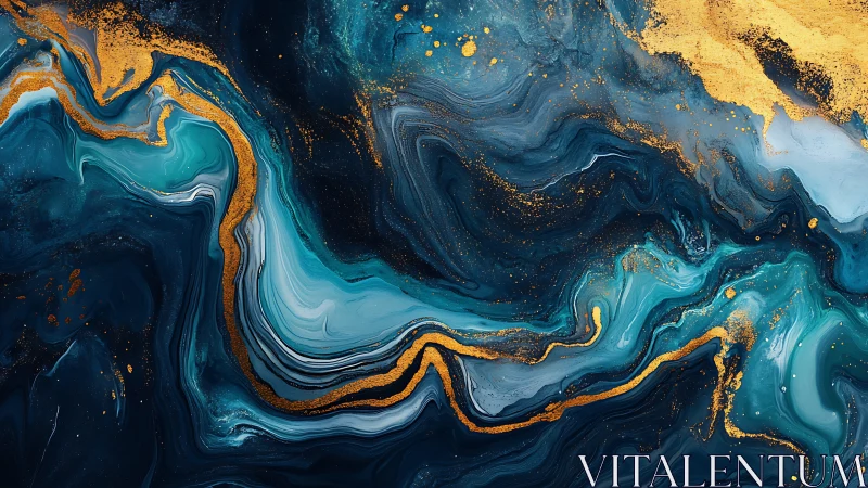 Abstract teal and gold fluid pattern flows across dark canvas