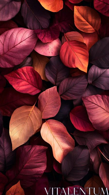 Autumn leaves glow in rich crimson, copper, and plum hues.