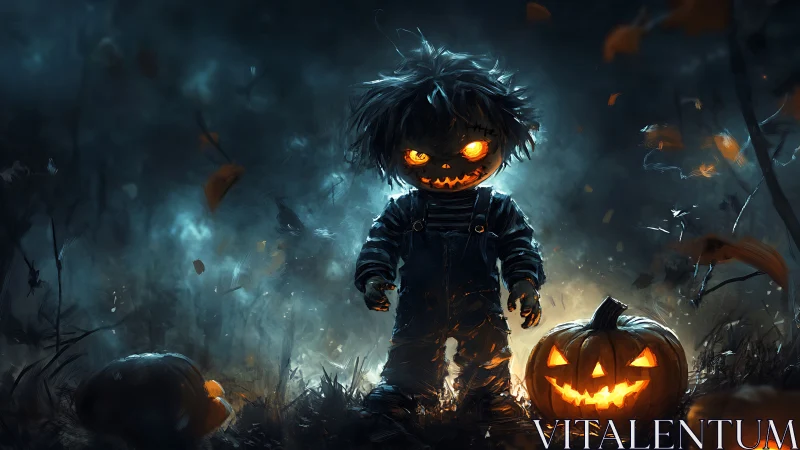 Sinister pumpkin-headed child amid eerie Halloween glow.