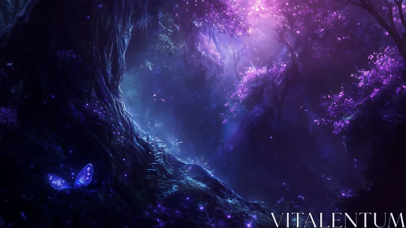 Enchanted violet forest glows under a dreamy twilight veil