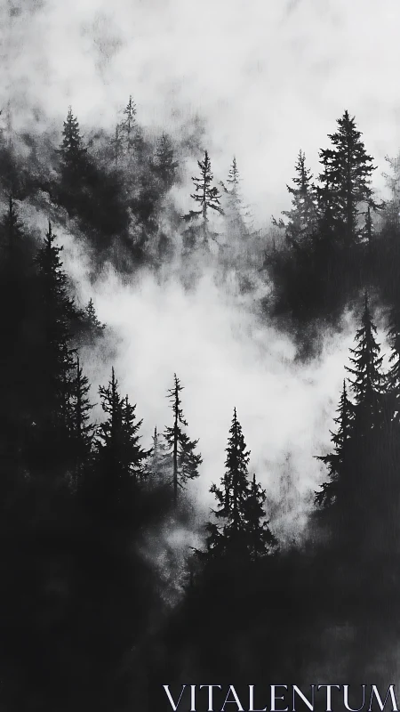 Fog-drenched pine forest in stark monochrome contrast.
