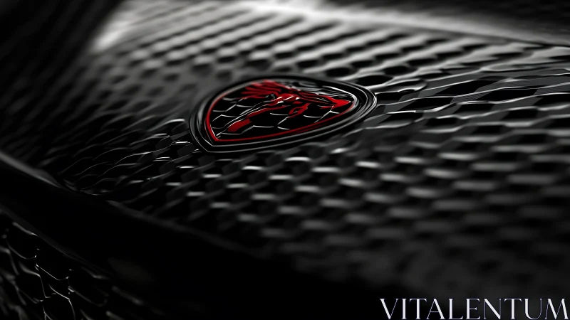 Red sports badge dominates dark metallic honeycomb grille