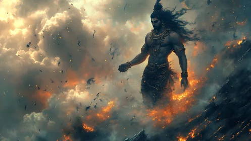 Mythic warrior figure walks through dense clouds and fire