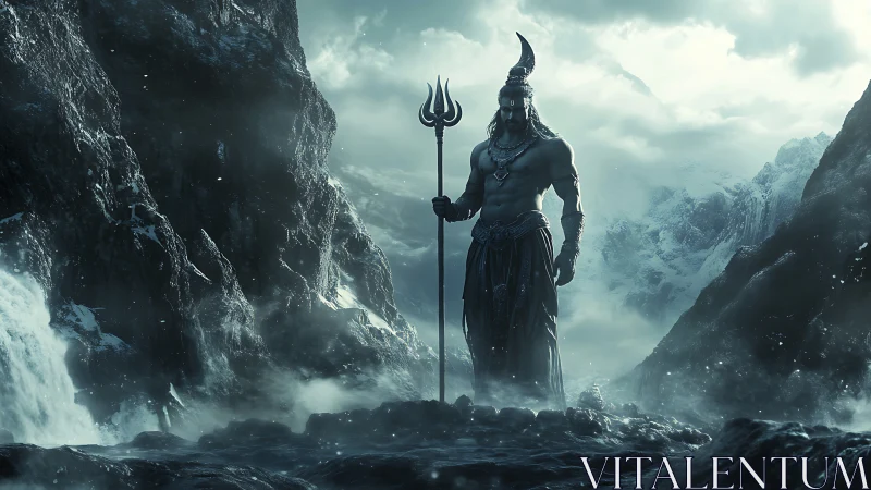Mythic deity in glacial canyon, cinematic fantasy rendering.