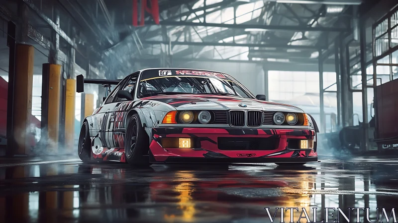 BMW E36 drift car dominates smoky industrial garage scene.
