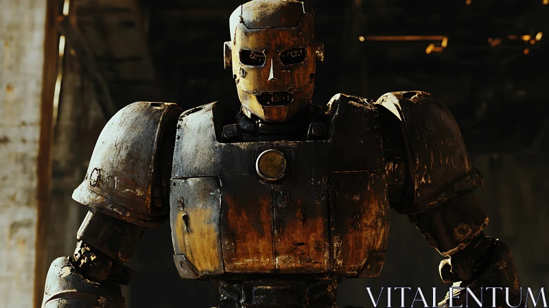 Rustworn guardian robot glares through dust and ruin.