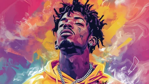 Vibrant digital portrait of relaxed man in neon haze.