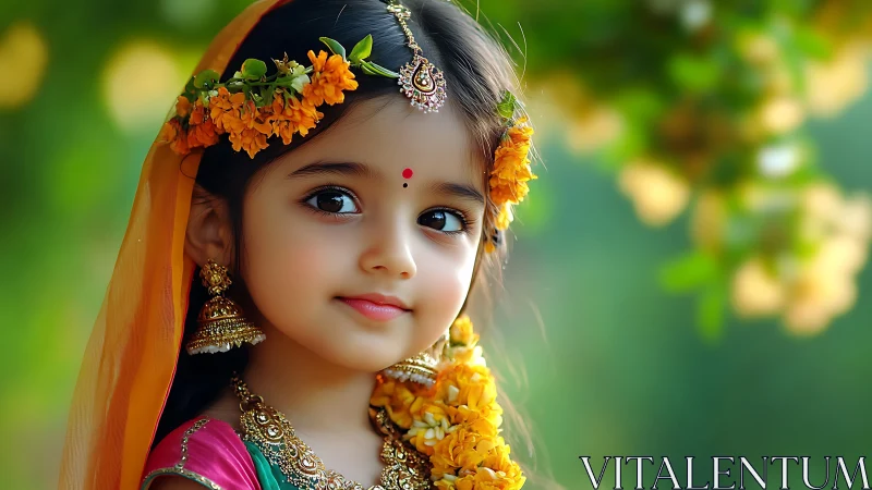 Young Girl in Traditional Indian Attire with Floral Accessories.
