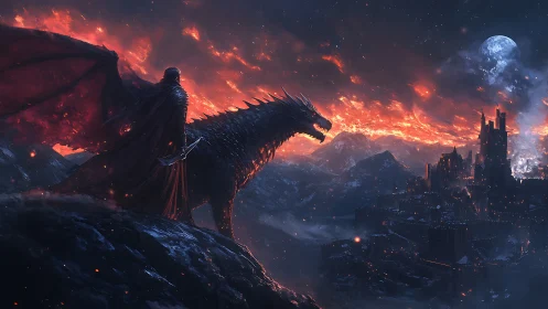 Dragon rider surveys burning fortress under bloodred sky