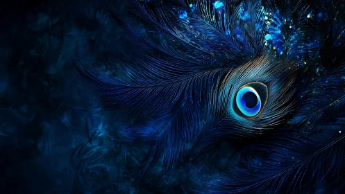 Close-up digital rendering of layered blue peacock feather.