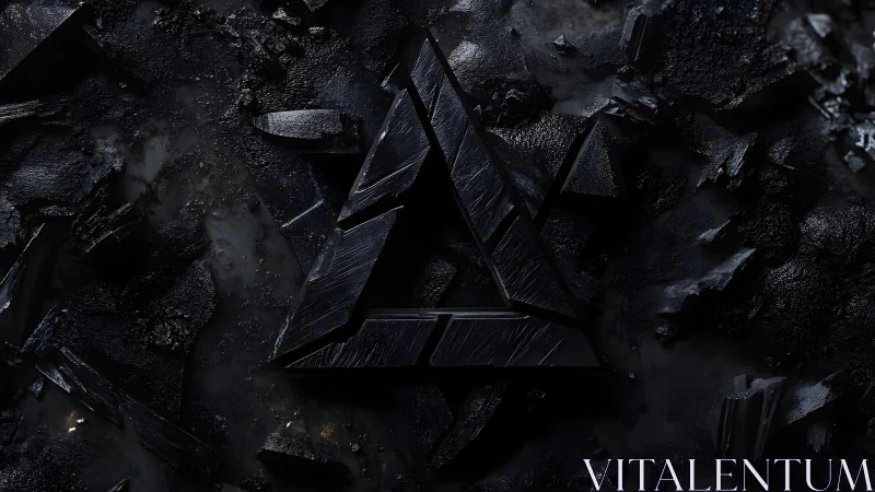 Dark geometric triangle emblem on shattered black stone background.