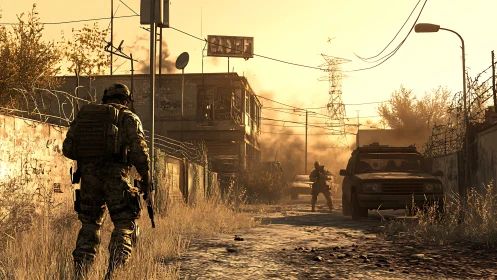 Tactical infantry patrol in sepia-lit urban conflict zone.