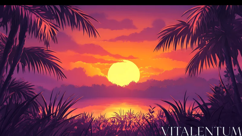Gentle tropical sunset cradled by glowing palm silhouettes.
