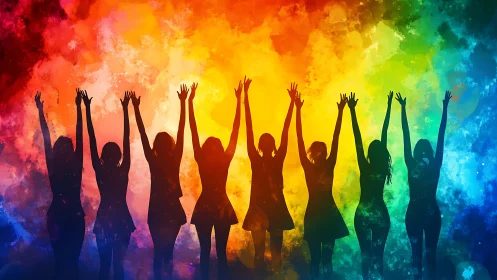 Silhouetted Women Celebrating Against a Vivid Rainbow Background.