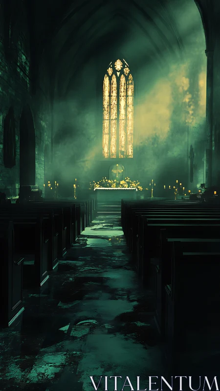 Gothic church interior glows through misty stained light