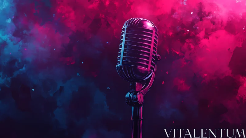 Retro chrome microphone under neon magenta stage haze.