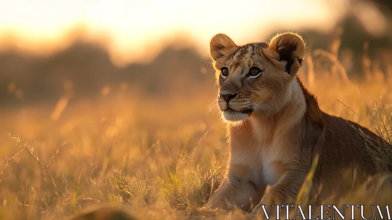 Young lion cub rests in golden savanna sunset light.