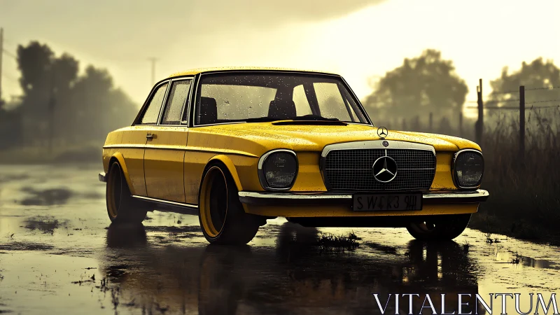 Rain-soaked yellow Mercedes sedan rendered with cinematic depth of field