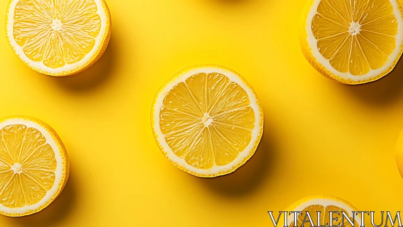 Sliced lemon halves form radial pattern on saturated yellow