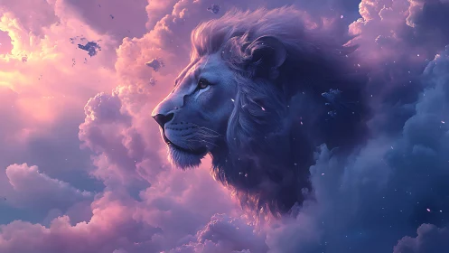 Dreamy twilight lion drifting through cotton candy clouds.