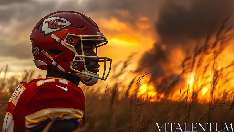 Football player stands in tall grass with fire in distance