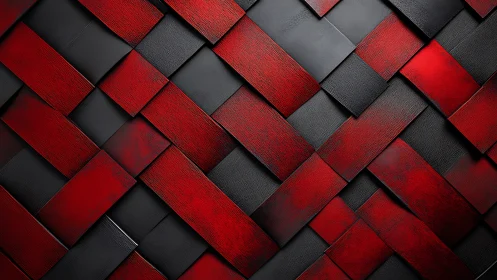 Warm red and black woven panels with bold geometric rhythm.