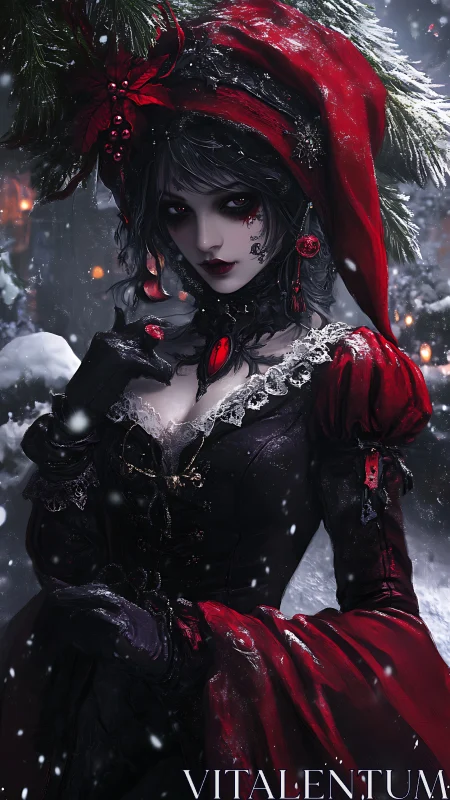 Gothic winter sorceress in red velvet Christmas regalia