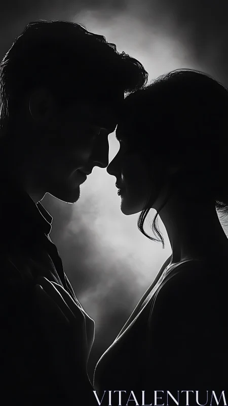 Two people silhouetted about to kiss in high contrast black and white