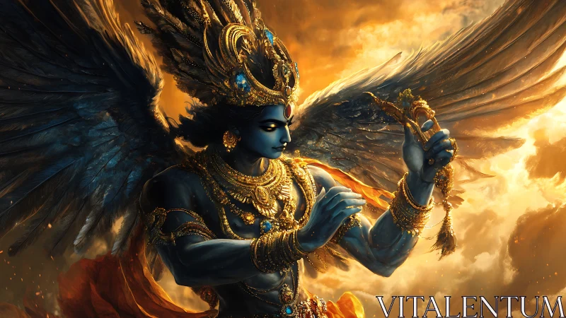 Winged celestial warrior in golden stormlit sky, jeweled armor