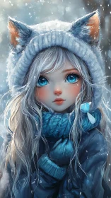 Snowy blue-eyed girl in fox-ear hood with painterly glow.