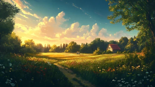 Sunlit meadow surrounds small cottage under glowing sky