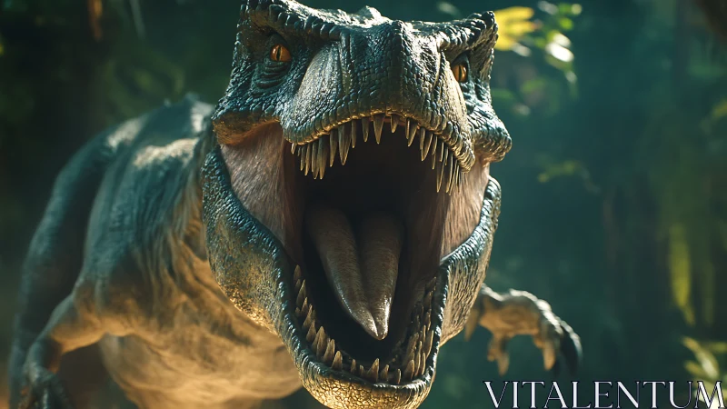 Hyperreal tyrannosaur cranial close-up with dynamic jaw articulation.
