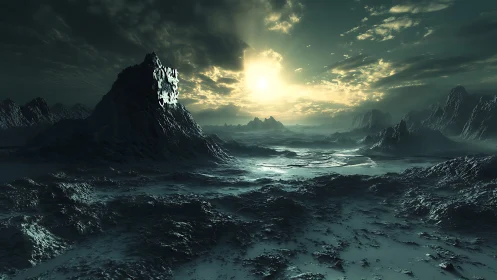 Alien ice valley stretches beneath a toxic emerald sunrise.