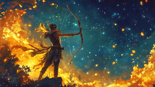 Archer of flames draws a glowing arrow beneath a burning sky